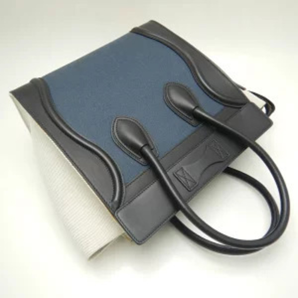 Celine Luggage Shoulder Bag Canvas Leather Black Navy Blue Natural - Picture 3 of 8